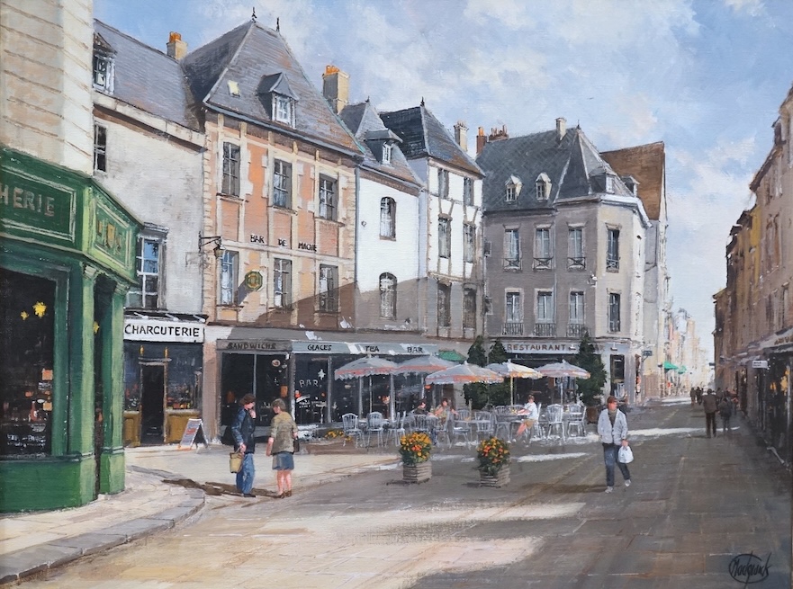 Clive Madgwick RBA (1934-2005), oil on canvas, 'The conversation, France', signed, gallery label verso, 34 x 44cm, ornate frame